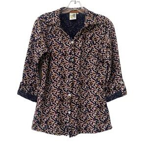 Weird Fish Ginny Organic Jersey Shirt Dark Navy Button Up 3/4 Sleeve Blouse Top